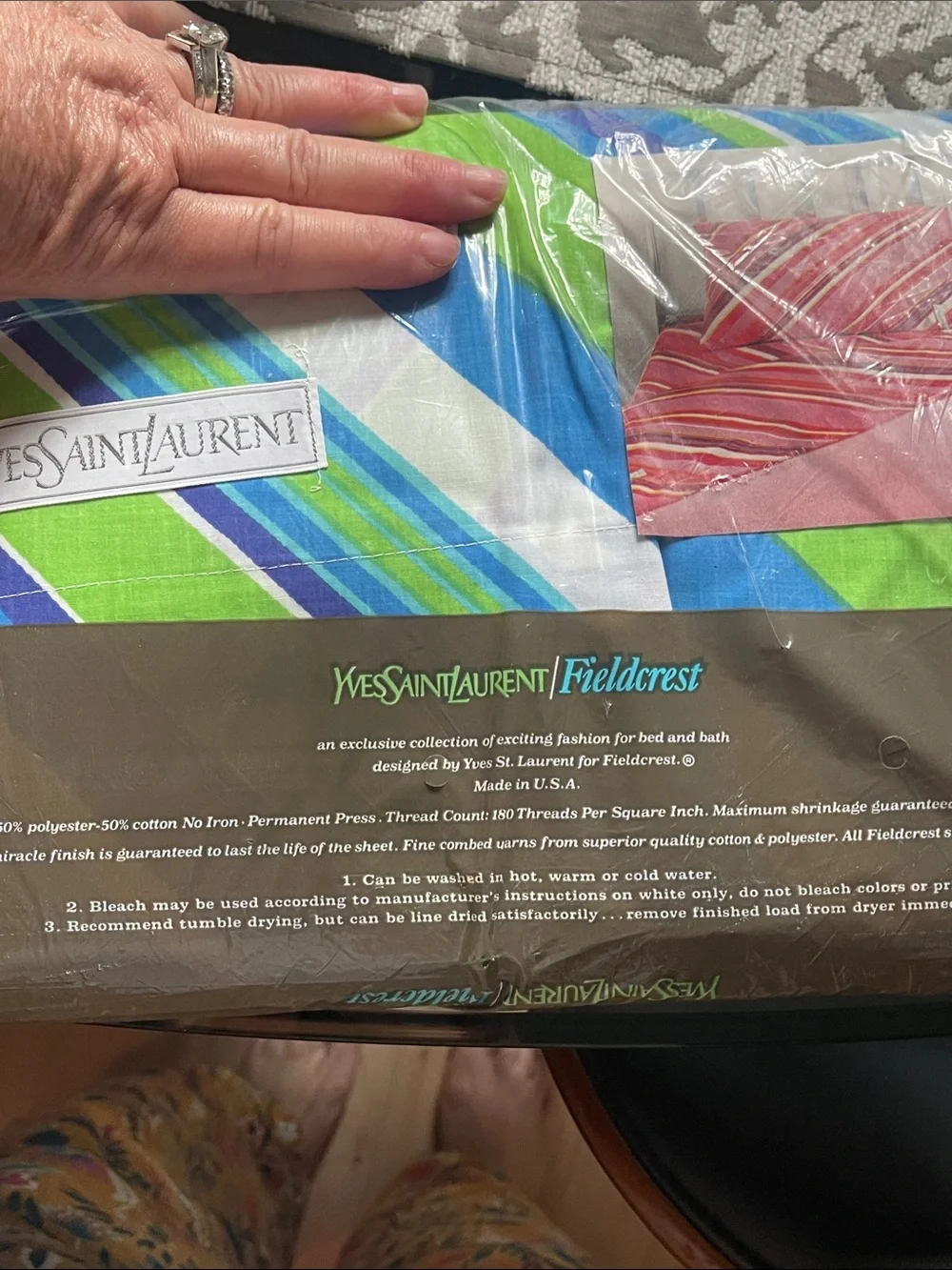 Yves Saint Laurent Bright Green Blue Striped Bedding Sheet Set